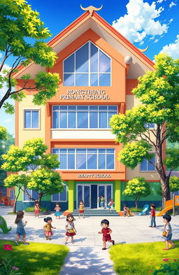 An artistic representation of Rongthung Primary School, featuring a vibrant and welcoming exterior with colorful walls, playful schoolyard, and creative playground equipment