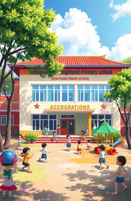 An artistic representation of Rongthung Primary School, featuring a vibrant and welcoming exterior with colorful walls, playful schoolyard, and creative playground equipment