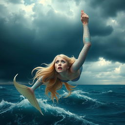 A beautiful blonde mermaid with shimmering scales and flowing hair, tears streaming down her face as she gracefully falls from a cloudy sky