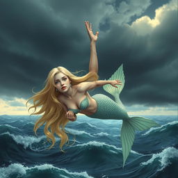A beautiful blonde mermaid with shimmering scales and flowing hair, tears streaming down her face as she gracefully falls from a cloudy sky