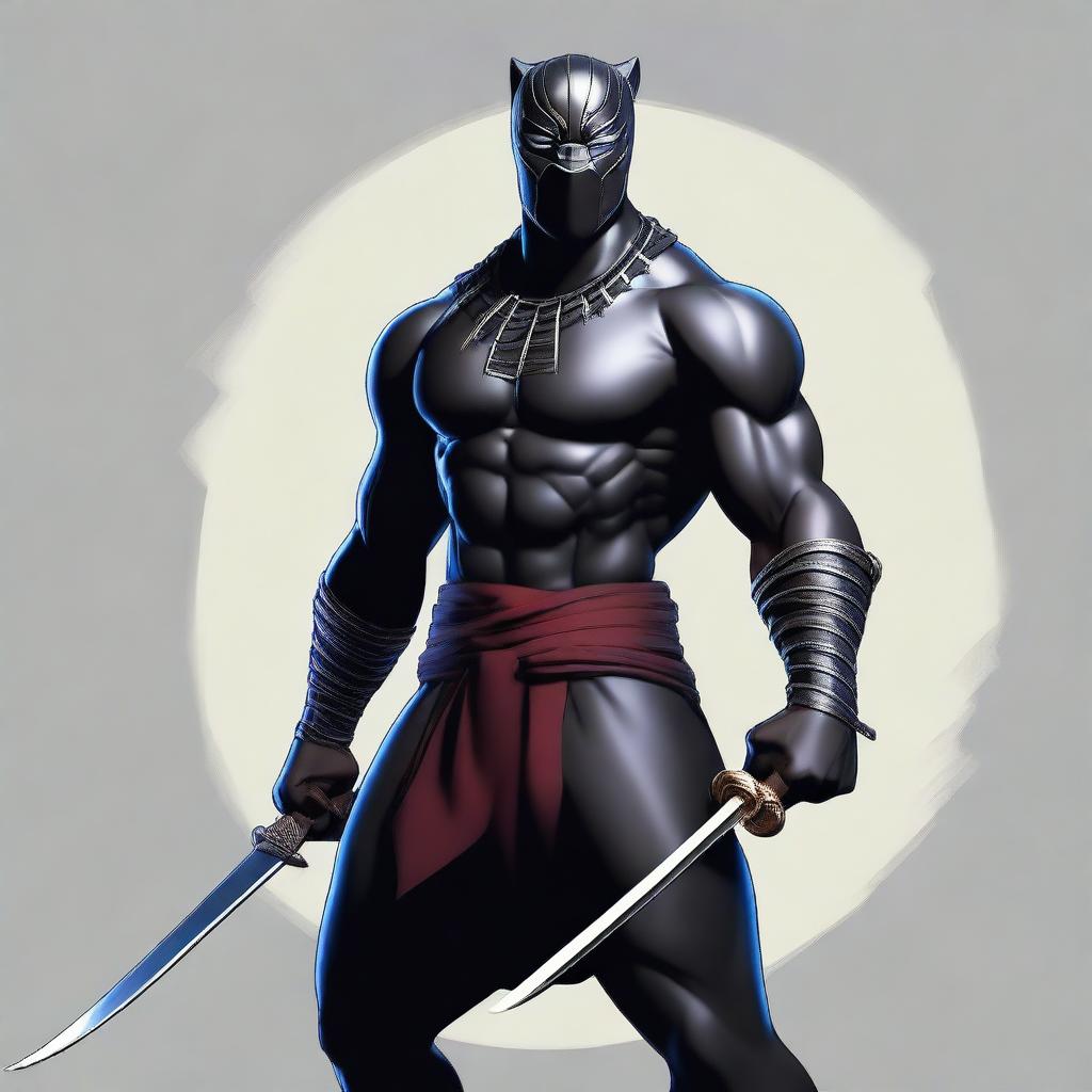 A semi-realistic digital art image of a Black Panther Man Warrior, dressed as a ninja and armed with a katana