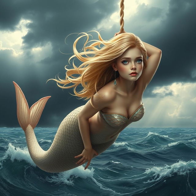 A beautiful blonde mermaid with shimmering scales and flowing hair, tears streaming down her face as she gracefully falls from a cloudy sky