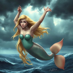 A beautiful blonde mermaid with shimmering scales and flowing hair, tears streaming down her face as she gracefully falls from a cloudy sky