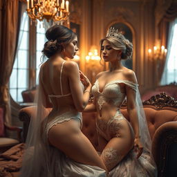 A tasteful and artistic scene depicting royal wives in exquisite lingerie, set in an opulent palace environment