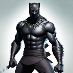 A semi-realistic digital art image of a Black Panther Man Warrior, dressed as a ninja and armed with a katana