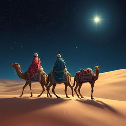 Three wise men riding on camels, making their way eastward through the serene desert under a captivating night sky