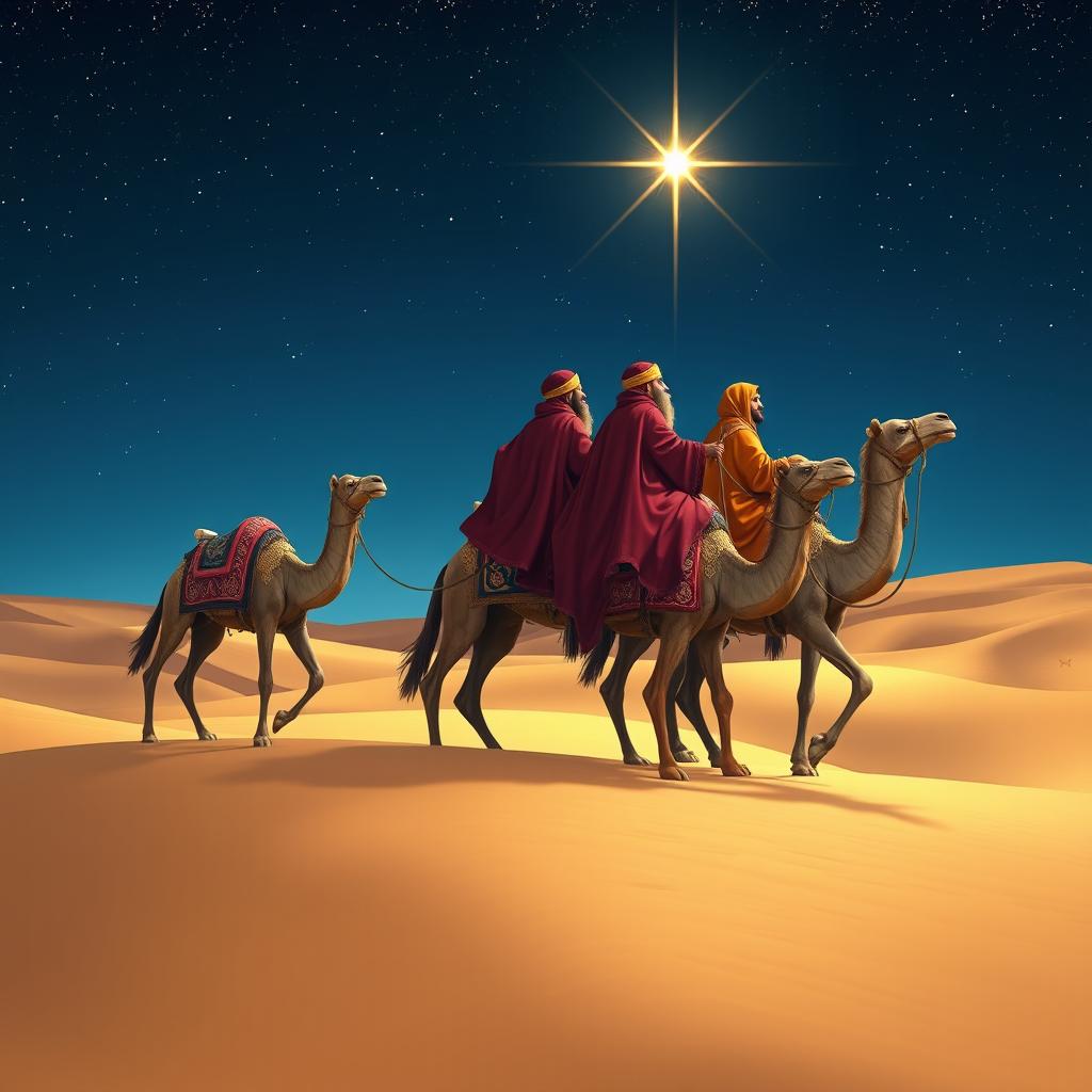 Three wise men riding on camels, making their way eastward through the serene desert under a captivating night sky