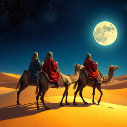Three wise men riding on camels, making their way eastward through the serene desert under a captivating night sky