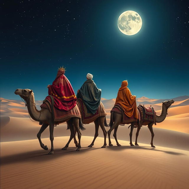 Three wise men riding on camels, making their way eastward through the serene desert under a captivating night sky