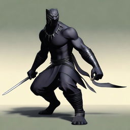 A semi-realistic digital art image of a Black Panther Man Warrior, dressed as a ninja and armed with a katana