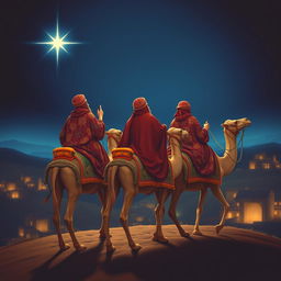 Three wise men riding on their camels as they travel eastward, looking up at a brilliant bright star against a deep night sky