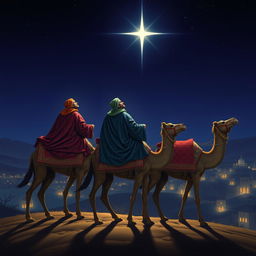 Three wise men riding on their camels as they travel eastward, looking up at a brilliant bright star against a deep night sky