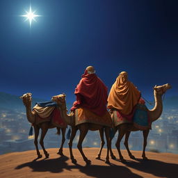 Three wise men riding on their camels as they travel eastward, looking up at a brilliant bright star against a deep night sky