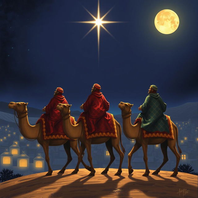 Three wise men riding on their camels as they travel eastward, looking up at a brilliant bright star against a deep night sky