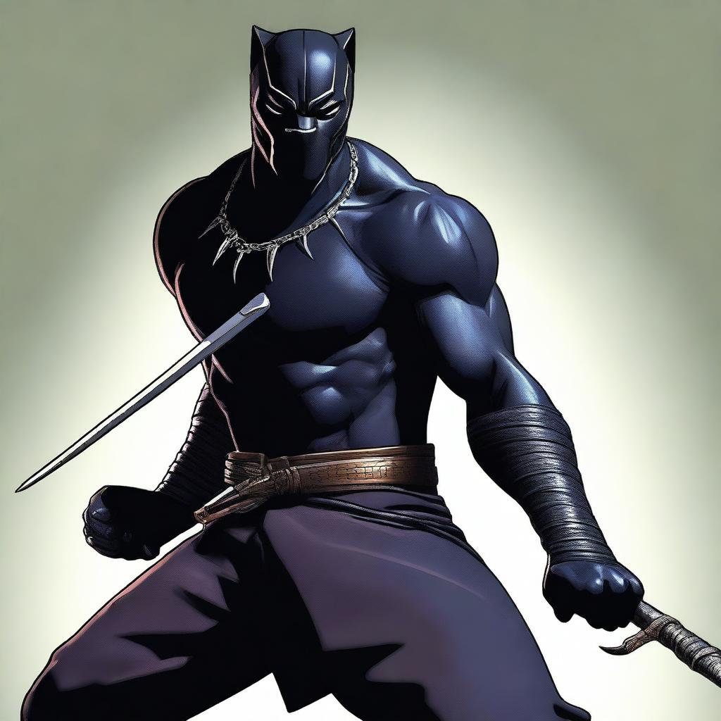 A semi-realistic digital art image of a Black Panther Man Warrior, dressed as a ninja and armed with a katana