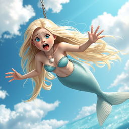 A beautiful blonde mermaid falling from the sky, her long shimmering hair cascading around her, expressing a look of fear and surprise