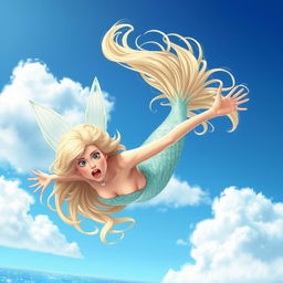 A beautiful blonde mermaid falling from the sky, her long shimmering hair cascading around her, expressing a look of fear and surprise