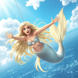 A beautiful blonde mermaid falling from the sky, her long shimmering hair cascading around her, expressing a look of fear and surprise