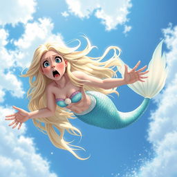 A beautiful blonde mermaid falling from the sky, her long shimmering hair cascading around her, expressing a look of fear and surprise