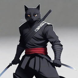 A semi-realistic digital art image of a Black Cat Man Warrior, dressed as a ninja and armed with a katana