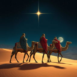 Three wise men riding on camels, journeying eastward across a vast desert at night, their eyes fixed on a brilliant bright star shining in the dark sky