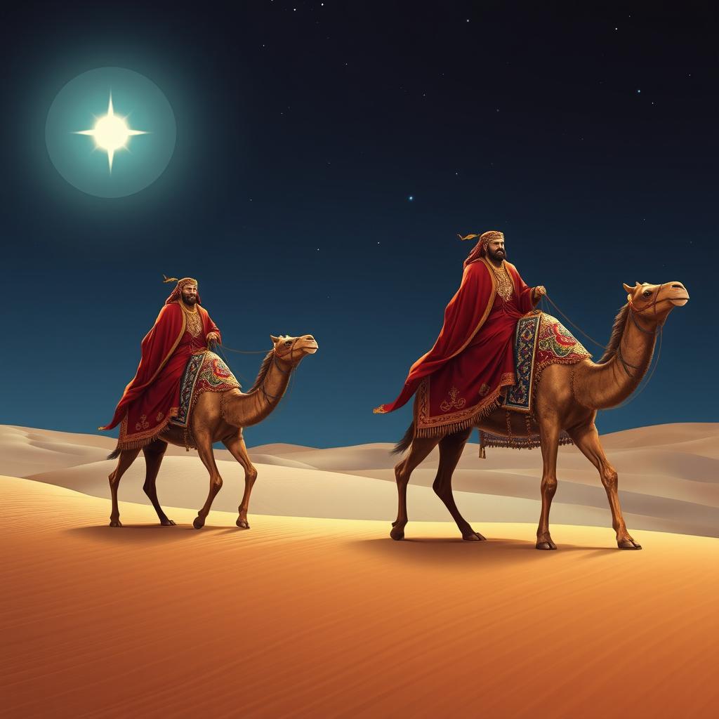 Three wise men riding on camels, journeying eastward across a vast desert at night, their eyes fixed on a brilliant bright star shining in the dark sky