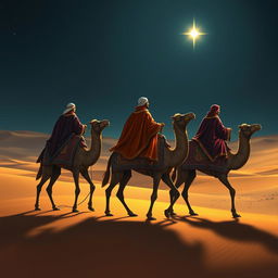 Three wise men riding on camels, journeying eastward across a vast desert at night, their eyes fixed on a brilliant bright star shining in the dark sky