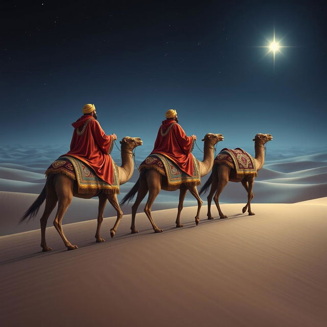 Three wise men riding on camels, journeying eastward across a vast desert at night, their eyes fixed on a brilliant bright star shining in the dark sky