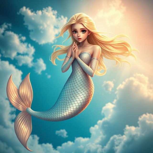 A stunning blonde mermaid with intricate scales shimmering in the light, falling gracefully from a cerulean sky