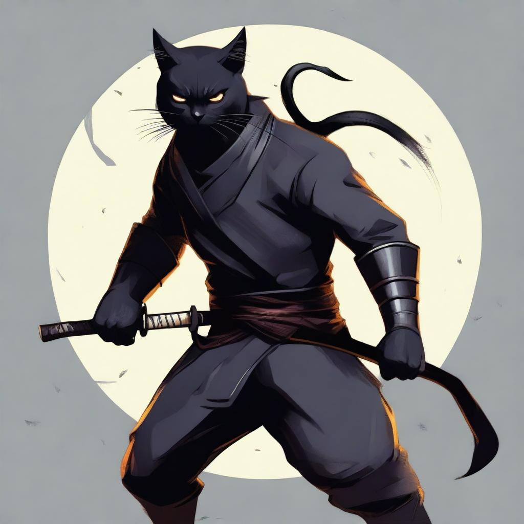 A semi-realistic digital art image of a Black Cat Man Warrior, dressed as a ninja and armed with a katana