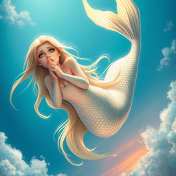 A stunning blonde mermaid with intricate scales shimmering in the light, falling gracefully from a cerulean sky