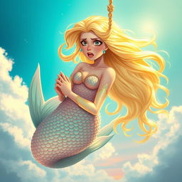 A stunning blonde mermaid with intricate scales shimmering in the light, falling gracefully from a cerulean sky