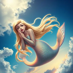 A stunning blonde mermaid with intricate scales shimmering in the light, falling gracefully from a cerulean sky