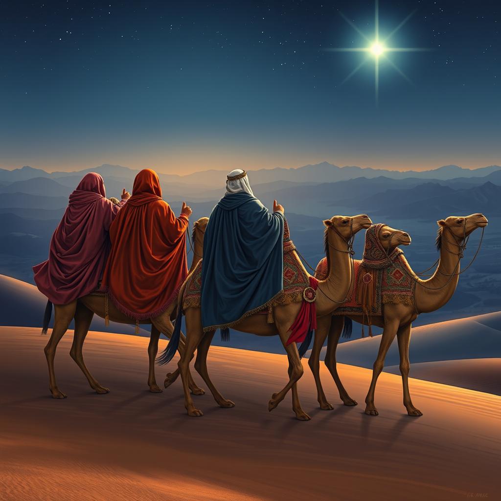 Three wise men riding on camels, journeying eastward as they gaze at a brilliant bright star shining in the night sky