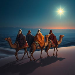 Three wise men riding on camels, journeying eastward as they gaze at a brilliant bright star shining in the night sky