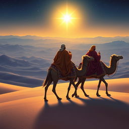 Three wise men riding on camels, journeying eastward as they gaze at a brilliant bright star shining in the night sky