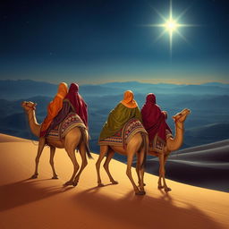 Three wise men riding on camels, journeying eastward as they gaze at a brilliant bright star shining in the night sky