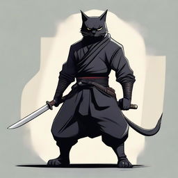 A semi-realistic digital art image of a Black Cat Man Warrior, dressed as a ninja and armed with a katana