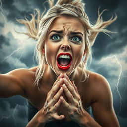 A beautiful blonde woman with striking blue eyes and vibrant red lips, falling dramatically from a cloudy sky