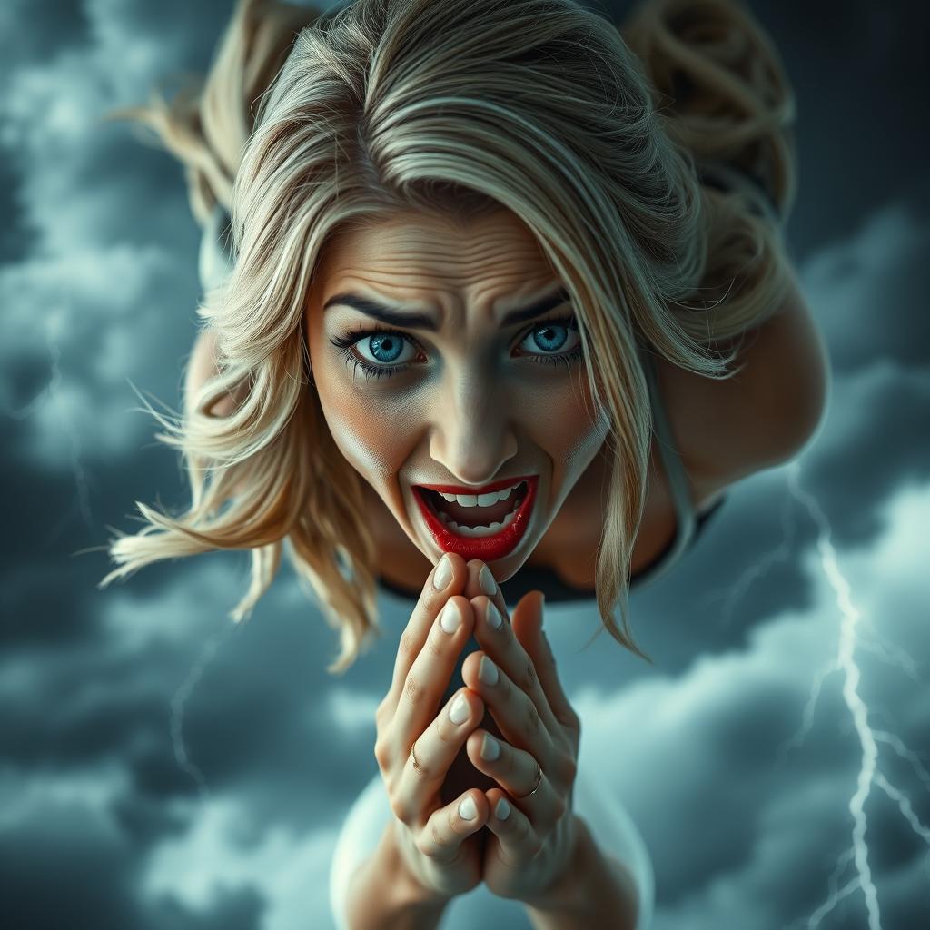 A beautiful blonde woman with striking blue eyes and vibrant red lips, falling dramatically from a cloudy sky