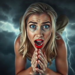 A beautiful blonde woman with striking blue eyes and vibrant red lips, falling dramatically from a cloudy sky