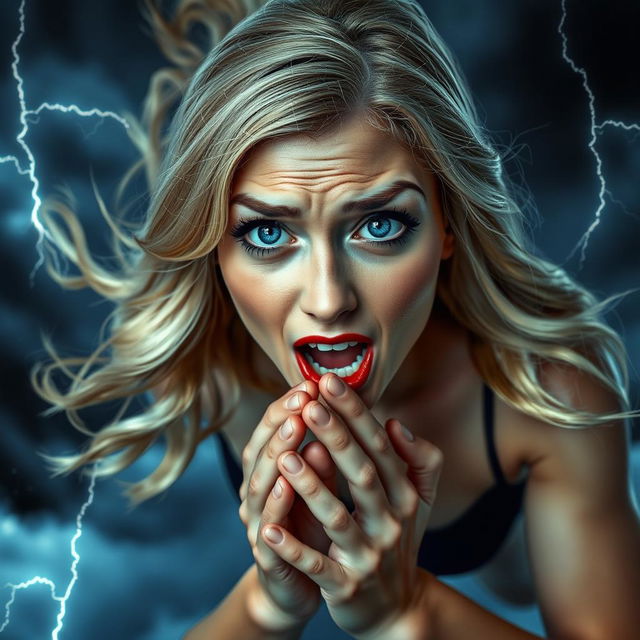 A beautiful blonde woman with striking blue eyes and vibrant red lips, falling dramatically from a cloudy sky