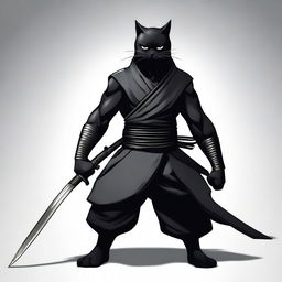 A semi-realistic digital art image of a Black Cat Man Warrior, dressed as a ninja and armed with a katana