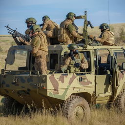 5 combatants in military fatigue, armed with assault rifles, missile launcher and radio in a rugged terrain vehicle