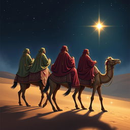 Three wise men riding on camels, embarking on their journey eastward while gazing at a radiant bright star in the night sky