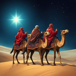 Three wise men riding on camels, embarking on their journey eastward while gazing at a radiant bright star in the night sky