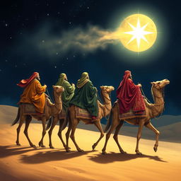 Three wise men riding on camels, embarking on their journey eastward while gazing at a radiant bright star in the night sky