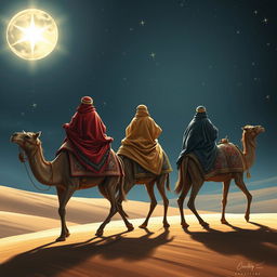Three wise men riding on camels, embarking on their journey eastward while gazing at a radiant bright star in the night sky