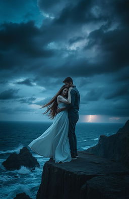 A melancholic yet beautiful romantic scene depicting a couple standing on the edge of a cliff, overlooking a stormy sea at dusk