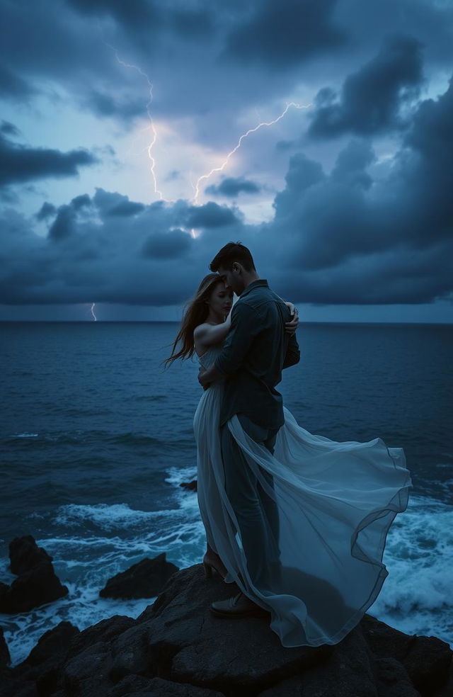 A melancholic yet beautiful romantic scene depicting a couple standing on the edge of a cliff, overlooking a stormy sea at dusk